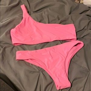 bright pink one shoulder bikini set